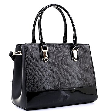 2-Way Structured Snake Print Patent Trim Satchel