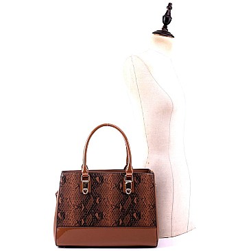 2-Way Structured Snake Print Patent Trim Satchel