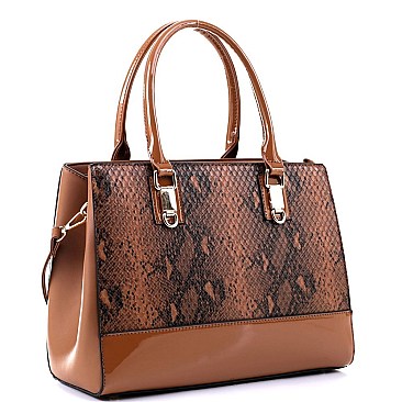 2-Way Structured Snake Print Patent Trim Satchel