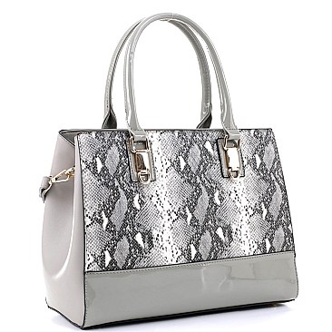 2-Way Structured Snake Print Patent Trim Satchel