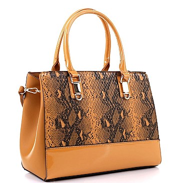 2-Way Structured Snake Print Patent Trim Satchel