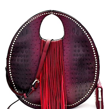 Ostrich Print Embossed Fringed Round Boutique Satchel Wallet SET