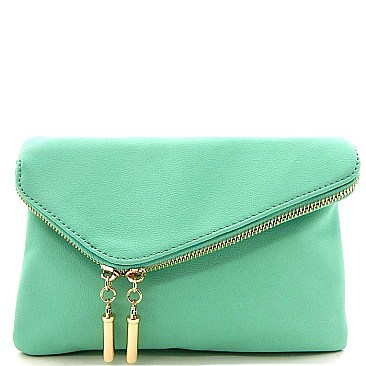 Handhold Flap Double Zipper Clutch