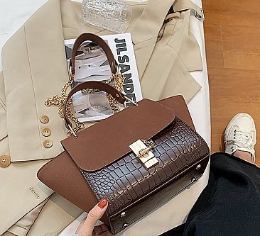 SUEDE SIDES CROC PRINT PUCH LOCK SATCHEL