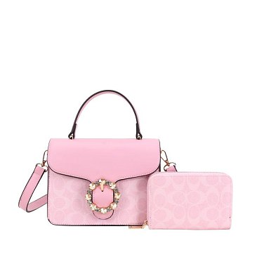 2-in-1 Oval Print Stoned Buckle Satchel W Wallet Set