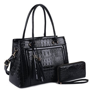 2- in-1 CROCODILE SATCHEL WALLET SET WITH TASSEL