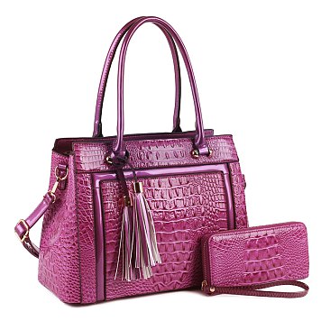 2- in-1 CROCODILE SATCHEL WALLET SET WITH TASSEL