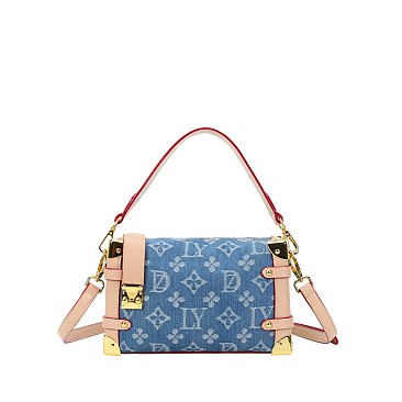 Monogram Metal Accent Denim Satchel / Crossbody Bag