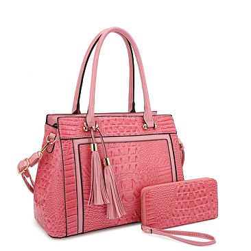 2- in-1 CROCODILE SATCHEL WALLET SET WITH TASSEL
