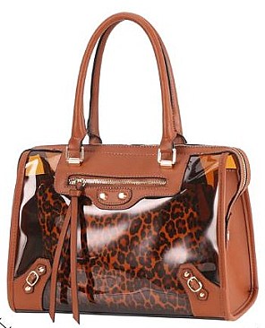 2 IN 1 CLEAR SEE THROUGH SATCHEL WITH LEOPARD POUCH
