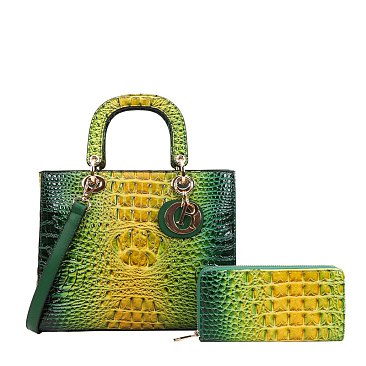green Croc Satchel Wallet Set