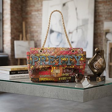 Large-Size Quilted Graffiti Bag with Crystal-stoned word "PRETTY"