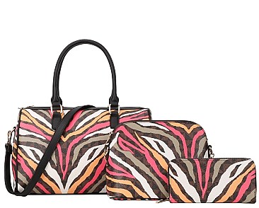3 in 1 Zebra Print Boston Satchel - Messenger & Wallet Set