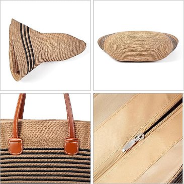 2-IN-1 Straw Woven Tote Bag with Matching Hat