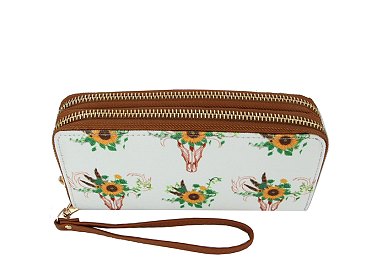 Native American Tribal Aztec Printed Canvas Double Zip Around Wallet Wristlet