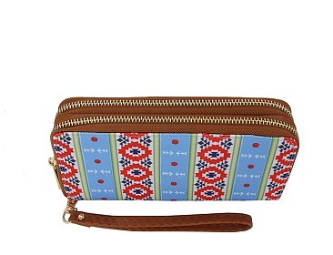 Native American Tribal Aztec Printed Canvas Double Zip Around Wallet Wristlet