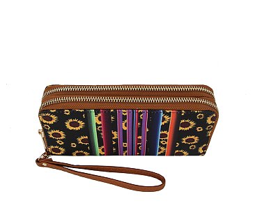 Native American Tribal Aztec Printed Canvas Double Zip Around Wallet Wristlet