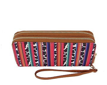 Native American Tribal Aztec Printed Canvas Double Zip Around Wallet Wristlet