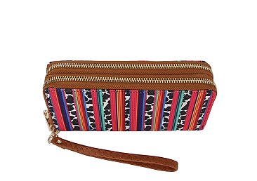 Native American Tribal Aztec Printed Canvas Double Zip Around Wallet Wristlet