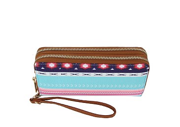 Native American Tribal Aztec Printed Canvas Double Zip Around Wallet Wristlet