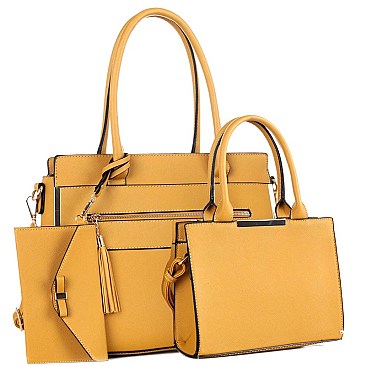 FRONT ZIPPER TASSEL ACCENT TOTE & SATCHEL SET