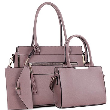 FRONT ZIPPER TASSEL ACCENT TOTE & SATCHEL SET