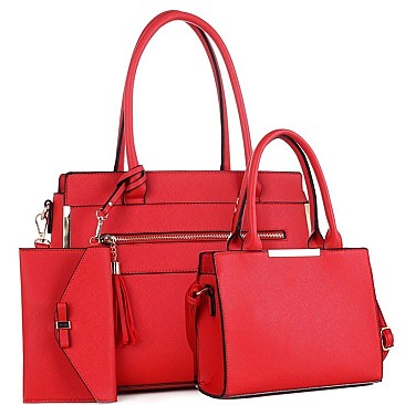FRONT ZIPPER TASSEL ACCENT TOTE & SATCHEL SET