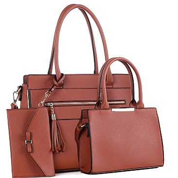 FRONT ZIPPER TASSEL ACCENT TOTE & SATCHEL SET