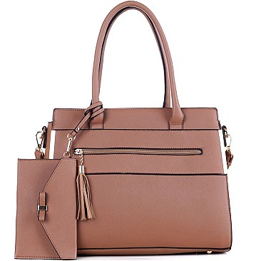 FRONT ZIPPER TASSEL ACCENT TOTE & SATCHEL SET