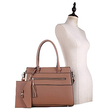 FRONT ZIPPER TASSEL ACCENT TOTE & SATCHEL SET