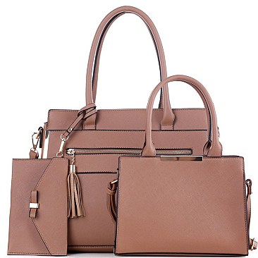 FRONT ZIPPER TASSEL ACCENT TOTE & SATCHEL SET