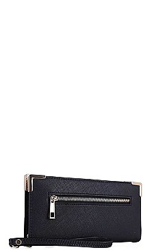 FRONT ZIPPER POCKET LONG WALLET WITH HAND STRAP