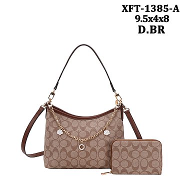 2-IN-1 Oval Pattern Shoulder Tote Bag w Wallet Set