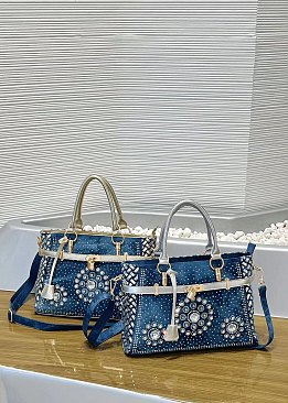 Women’s Blue Denim Rhinestones Handbags with Lock