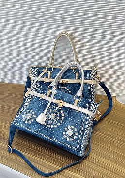 Women’s Blue Denim Rhinestones Handbags with Lock