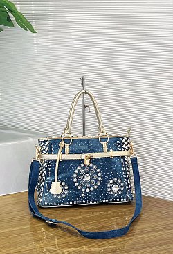 Women’s Blue Denim Rhinestones Handbags with Lock