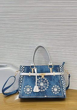 Women’s Blue Denim Rhinestones Handbags with Lock
