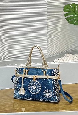 Women’s Blue Denim Rhinestones Handbags with Lock