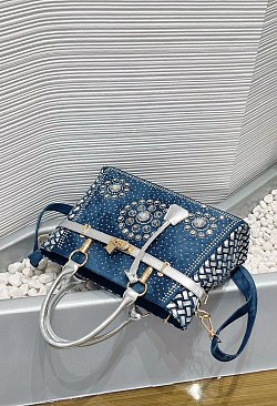 Women’s Blue Denim Rhinestones Handbags with Lock