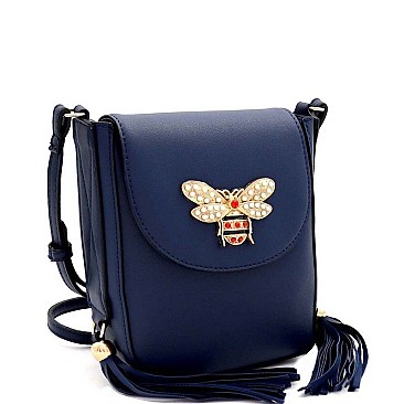 TWO TASSEL ACCENT BEE CHARM FLAP SHOULDER BAG