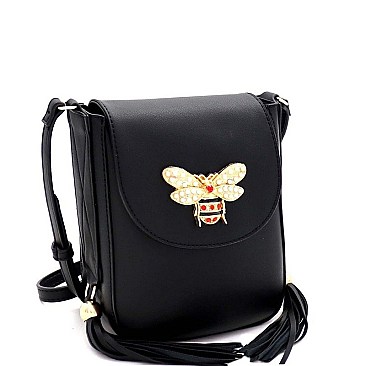 TWO TASSEL ACCENT BEE CHARM FLAP SHOULDER BAG