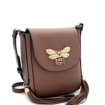 TWO TASSEL ACCENT BEE CHARM FLAP SHOULDER BAG