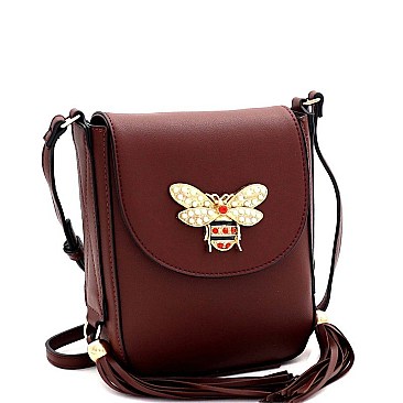 TWO TASSEL ACCENT BEE CHARM FLAP SHOULDER BAG