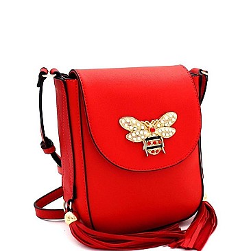 TWO TASSEL ACCENT BEE CHARM FLAP SHOULDER BAG