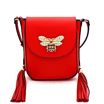 TWO TASSEL ACCENT BEE CHARM FLAP SHOULDER BAG