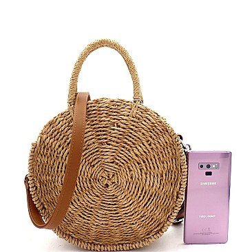 2-Way Bohemian Straw Round Medium Satchel
