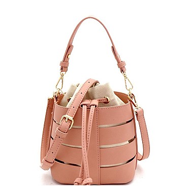 Medium 2 in 1 Cut-Out Drawstring Mixed-Material Bucket Satchel
