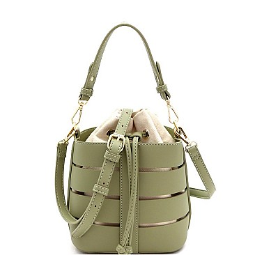 Medium 2 in 1 Cut-Out Drawstring Mixed-Material Bucket Satchel