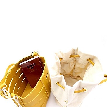 Medium 2 in 1 Cut-Out Drawstring Mixed-Material Bucket Satchel