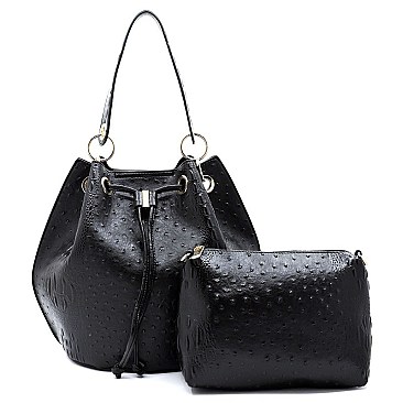 Ostrich Croc Drawstring 2-in-1 Bucket Satchel